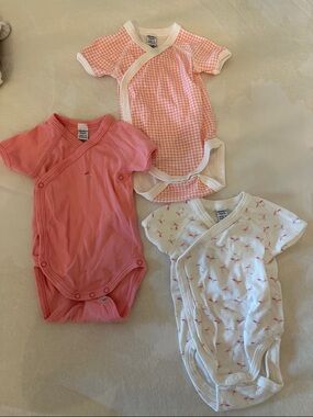 Petit Bateau Pink & White Kimono-Style Baby Bodysuits (Set of 3)